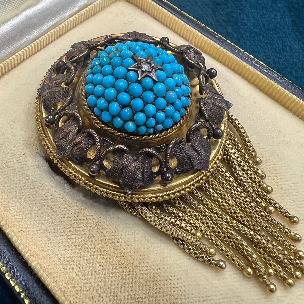 Prestigiosa spilla porta ricordi con turchesi e diamante dell’ ‘800