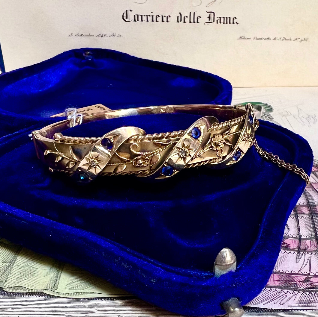 Bracciale edoardiano del 1908 in oro e gemme blu, zaffiri e spinelli