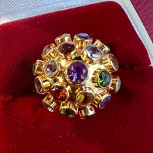 Carica l&#39;immagine nel visualizzatore di Gallery, Anello “sputnik” anni ‘60 in oro 18 carati e gemme di colore: citrino, ametista, topazio azzurro, olivina, iolite, tormalina…
