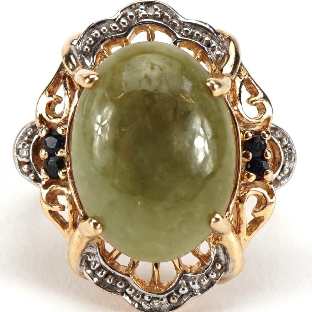 Grande anello vintage con giada, diamanti e zaffiri
