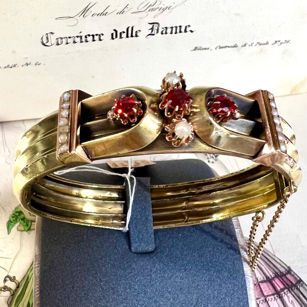 Bracciale borbonico in oro 14 carati con paste vitree rosse originali